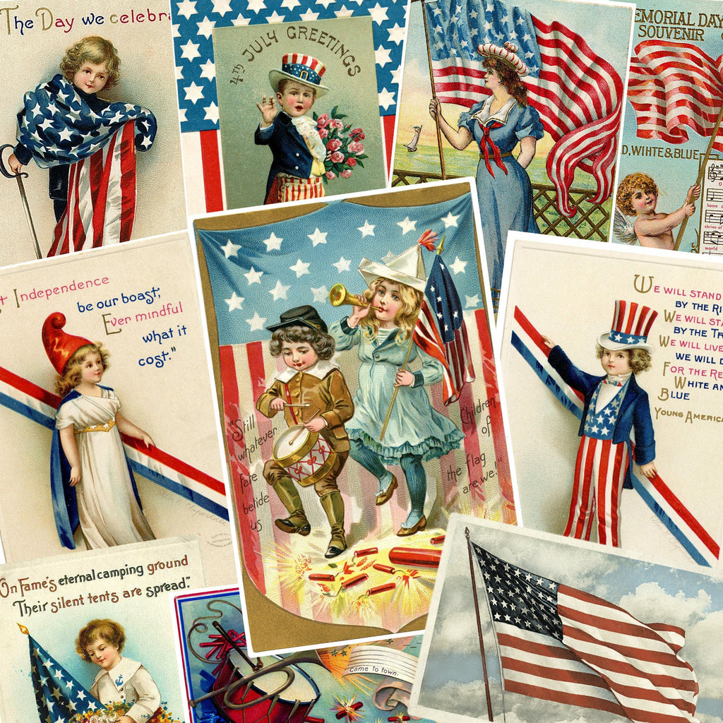Collage of vintage patriotic cards featuring children and American flags.