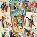 Collage of vintage patriotic cards featuring children and American flags.