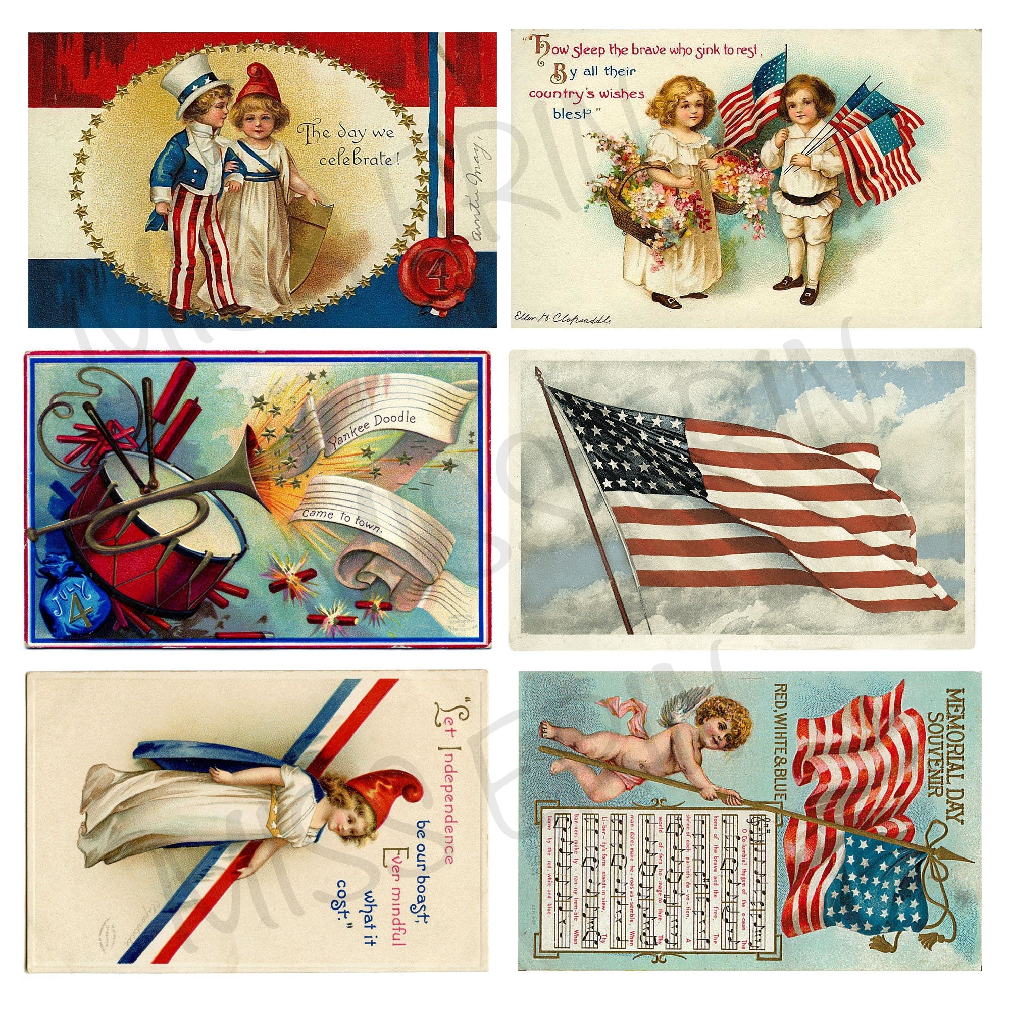 24 Vintage Patriotic Printable Digital Postcards