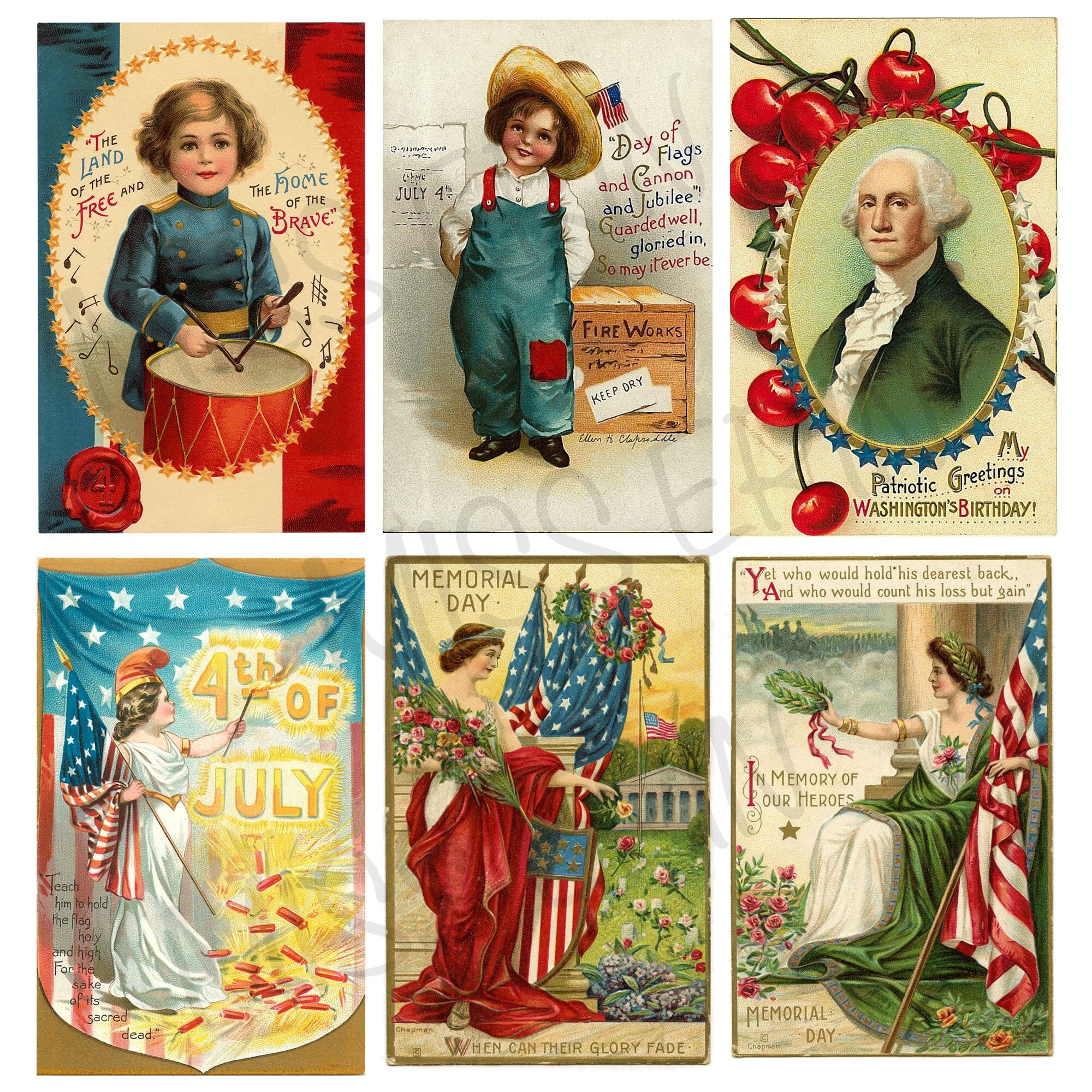 24 Vintage Patriotic Printable Digital Postcards