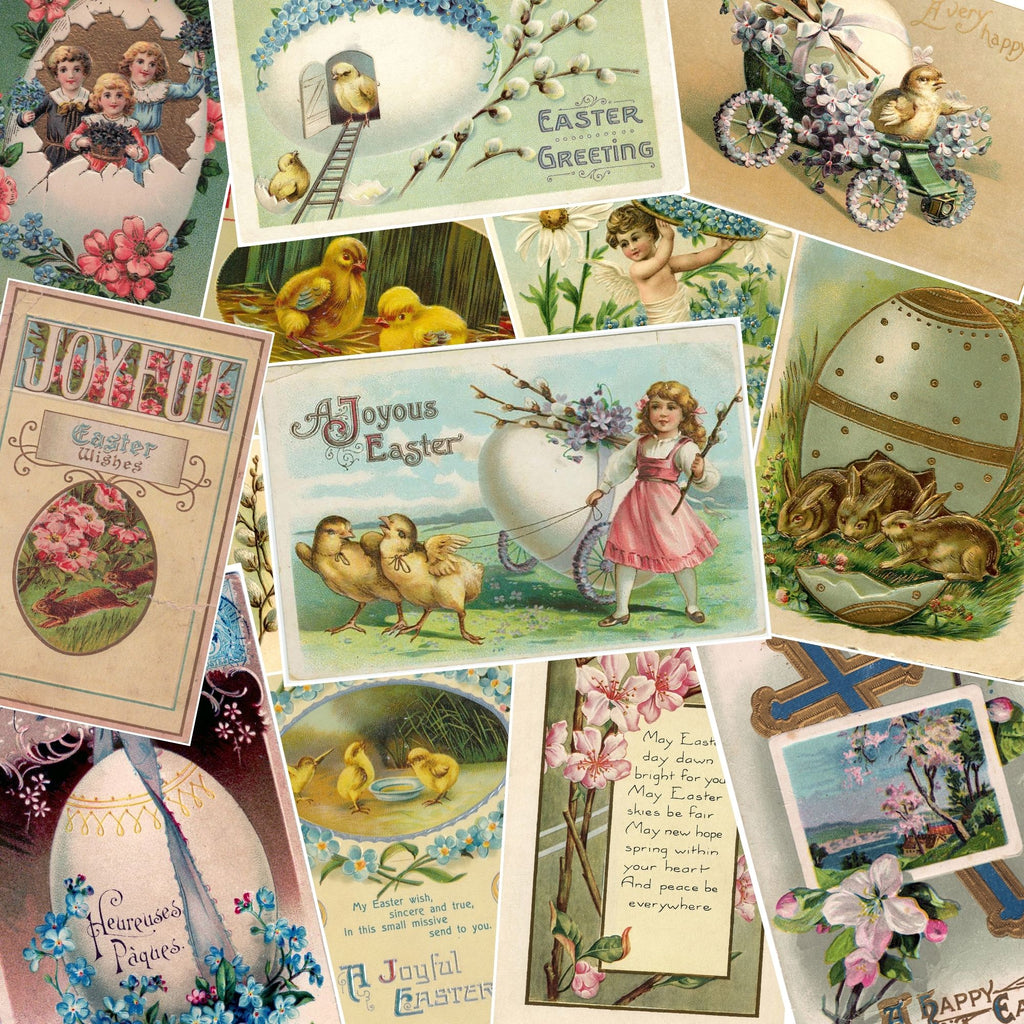 Collage of vintage Easter greeting cards with Easter-themed illustrations.