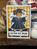 Graduation-themed card with a child in a cap and gown on a checkered background, featuring 'Class of 2026'.
