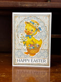 Vintage-style Easter card with a yellow duck holding an egg basket with the text "Happy Easter".
