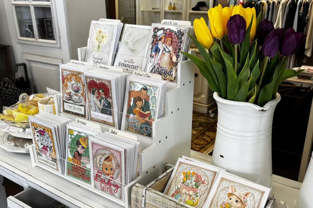 Display of greeting cards and a vase with flowers on a wooden surface.
