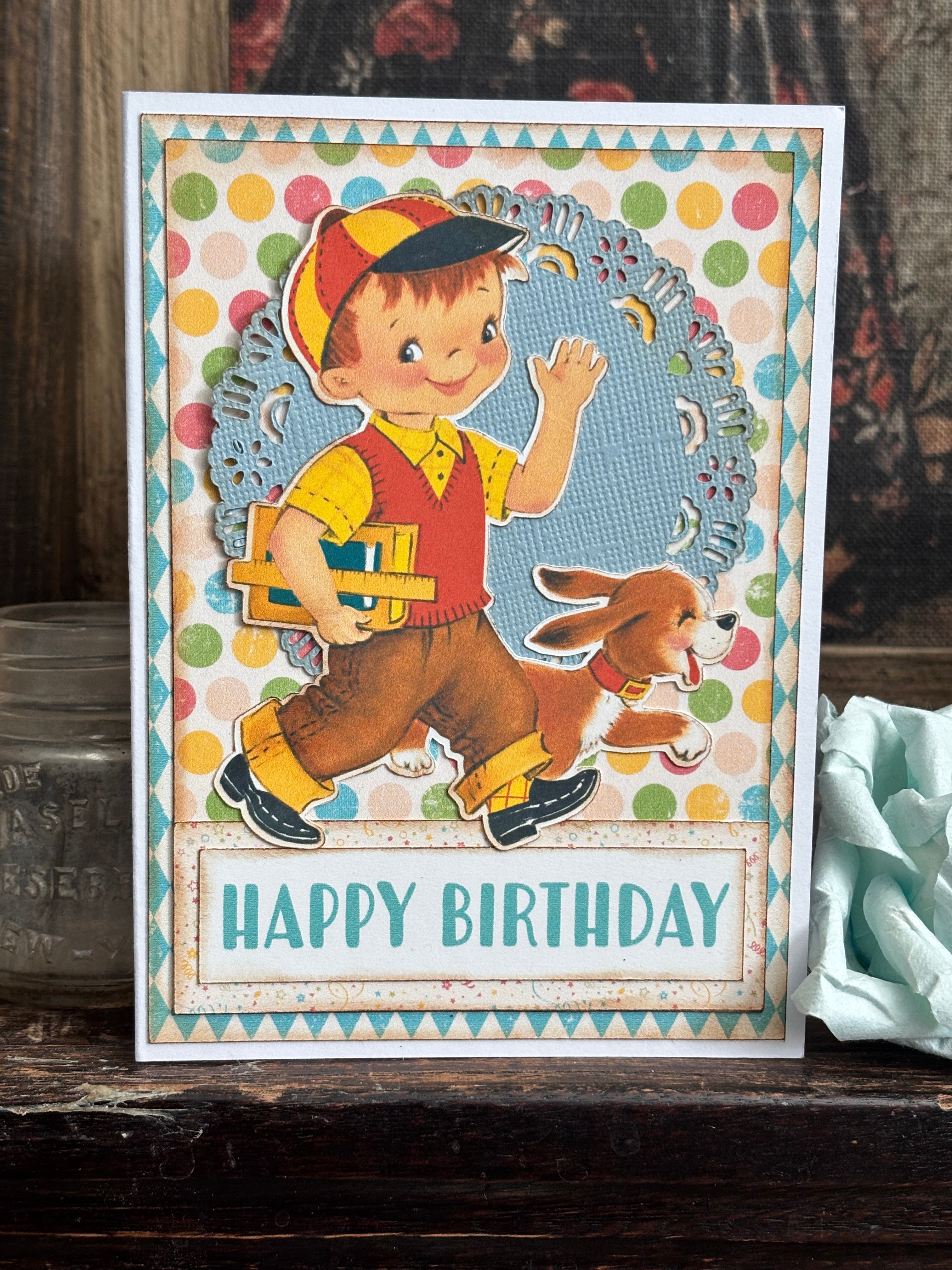 Happy Birthday Boy Holding Books With His Dog Card