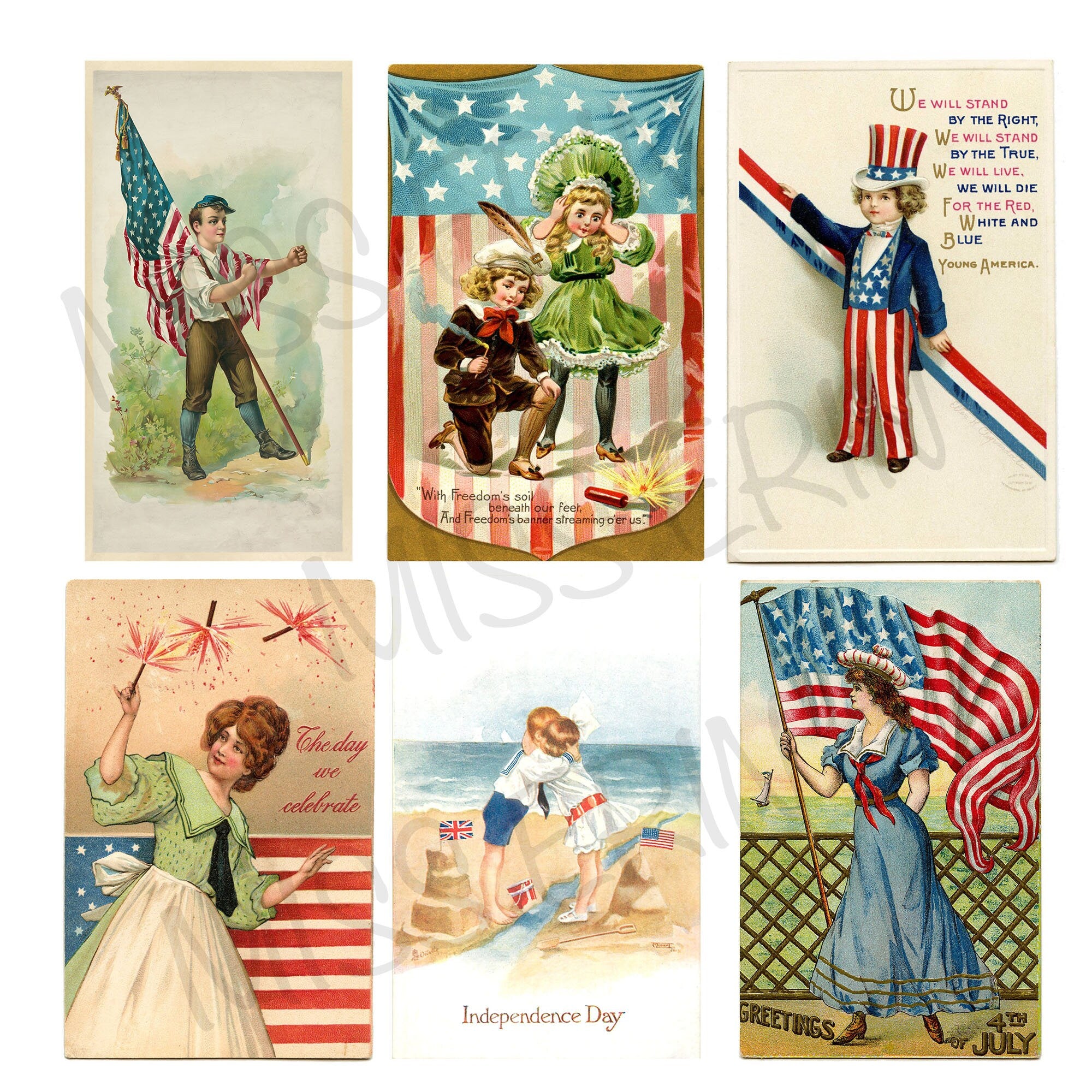 24 Vintage Patriotic Printable Digital Postcards