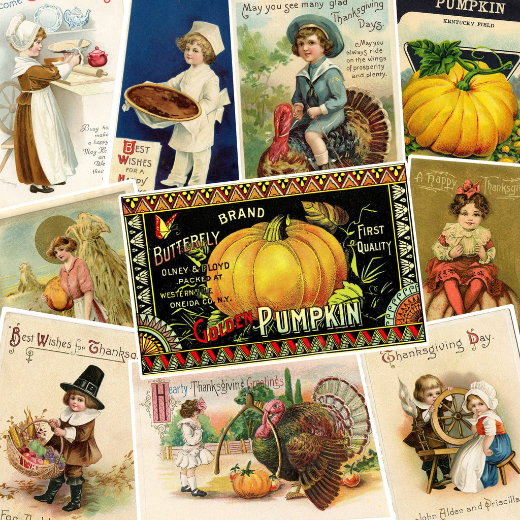 Collage of vintage Thanksgiving cards with pumpkins, children, and traditional elements.