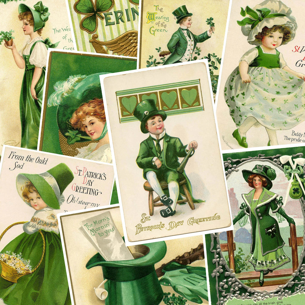 Collage of vintage St. Patrick's Day cards featuring children and adults in green attire.